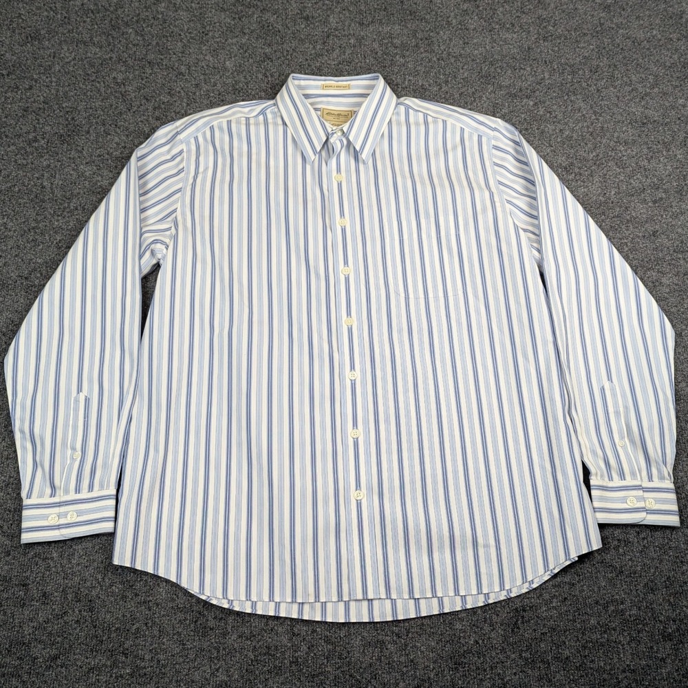 Eddie Bauer Mens BlueWhite Striped Button Down Shirt WrinkleResistant Cotton 2XL